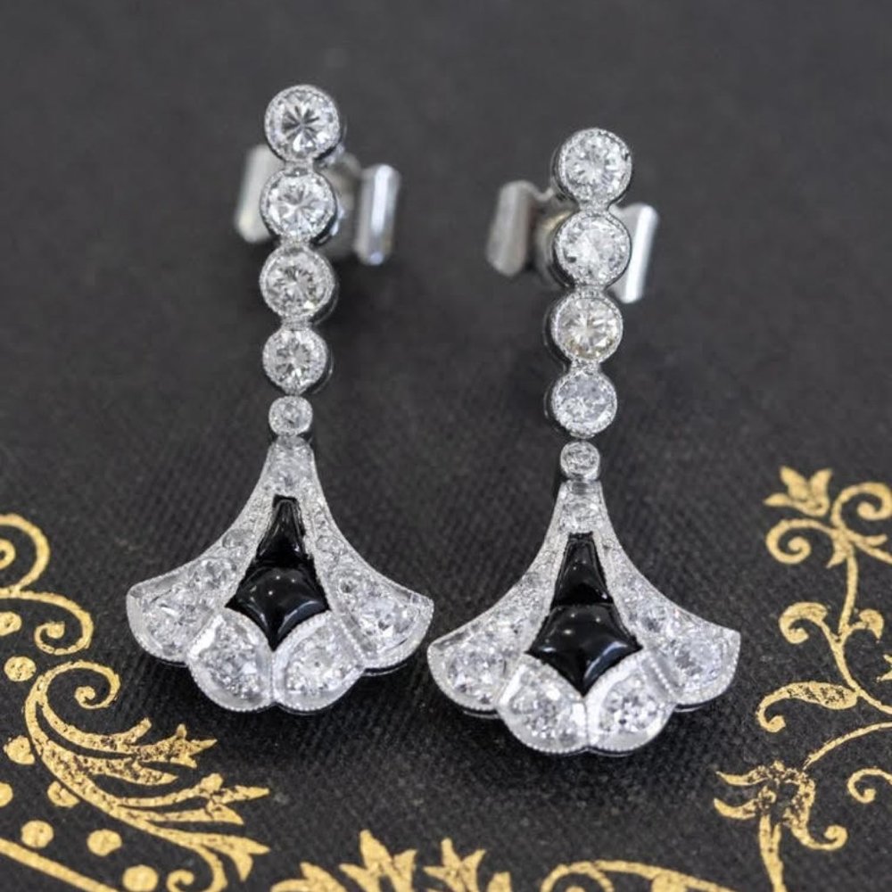 Platinum Art Deco Onyx and Diamond Fan Drop Earrings